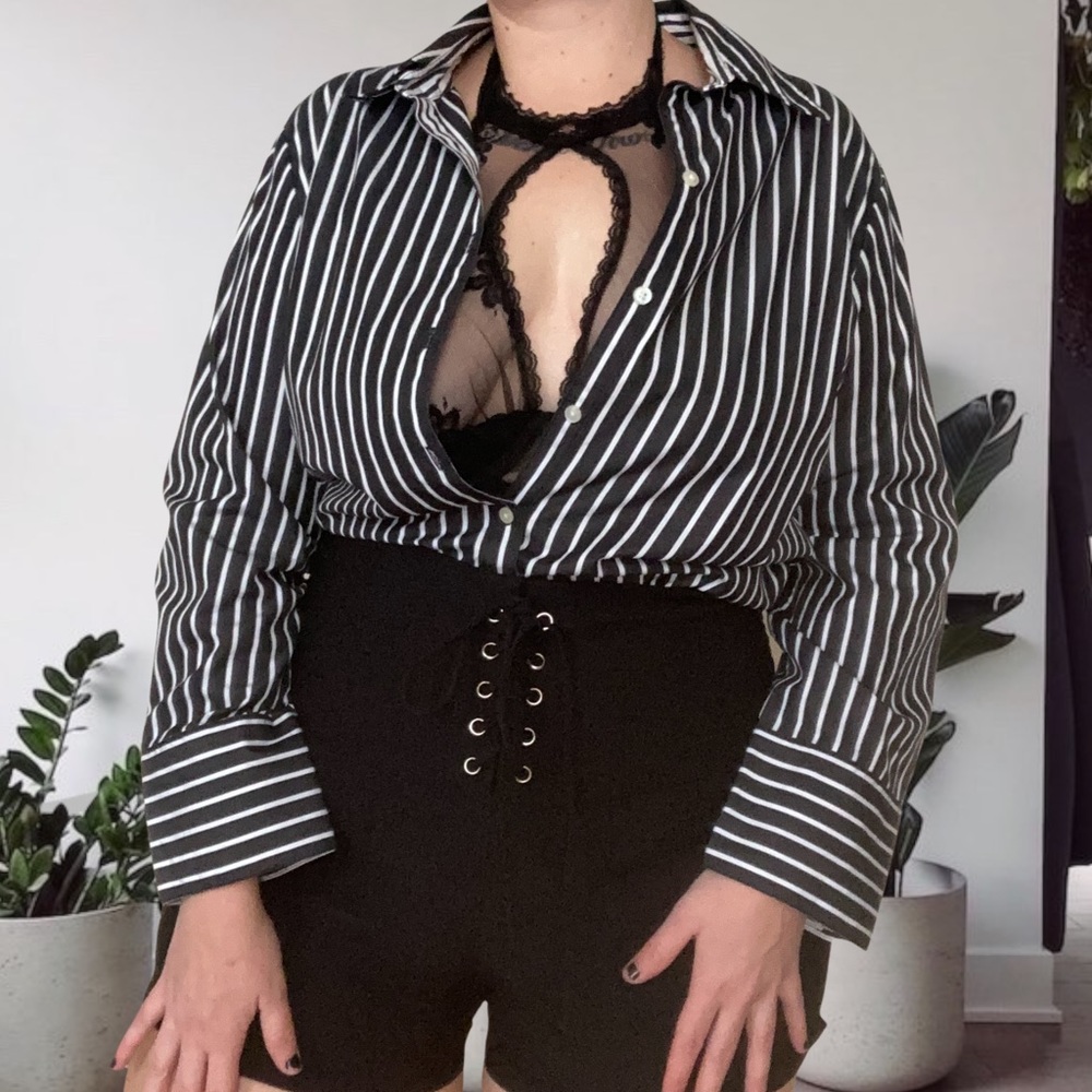 Charter Club Retro Striped Unisex Goth Plus Button Up Black White 16